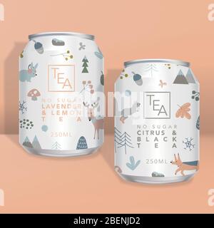Vector Juice, Soda, Tea or Coffee Can  Packaging, Winter Forrest Animals Minimal Design Stock Vector
