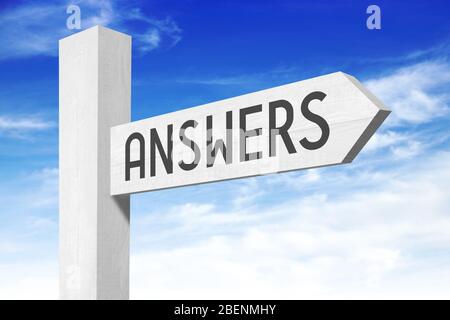 Answers - white wooden signpost with one arrow Stock Photo - Alamy