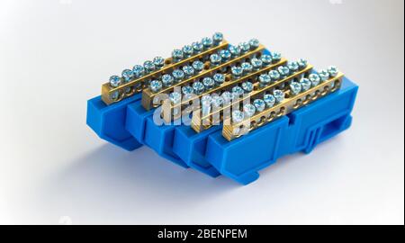 Electrical terminal blocks isolated on white background. connector or clamps for cables and wires.  Stock Photo