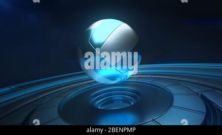 Silver and blue metallic volleyball ball flying in air above platform against isolated background Stock Photo