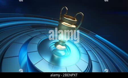 Golden champions cup designed in 3D placed in air above blue round platform Stock Photo