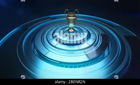 3D model of champions cup above sphere with rotating panels, sports award concept Stock Photo