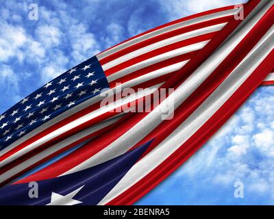 flag of America with Puerto Rico flag on sky background Stock Photo