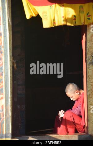 A young monk sits in the entrance doorway of Chimi Lhakhang, or fertility temple, near Punakha, Bhutan, which dates from 1499. Stock Photo