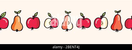 Cute Felt Tip Pen Apple and Pears Fruits Vector Seamless Pattern Border Stock Vector
