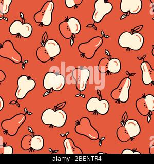 Cute Monochrome Felt Tip Pen Apple and Pears Fruits Vector Seamless Pattern Stock Vector