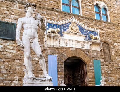 The replica of Michelangelo's David in Piazza della Signoria, historic center of Florence, Italy Stock Photo