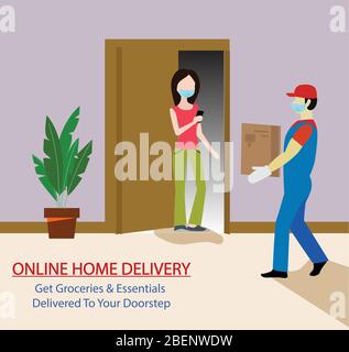 Home delivery services. Online delivery concept of buying grocery, food, medicine essential items to the doorstep. Delivery boy wearing face mask and Stock Vector