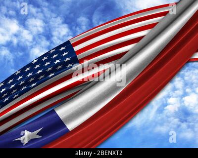 flag of America with Chile flag on sky background Stock Photo