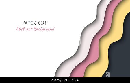 Abstract vector background in paper cut style with shadows and copy space for text. Paper art in trendy colors with layers, shape of waves. Realistic minmal layout template for poster, banner Stock Vector