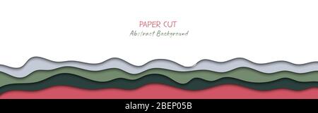 Abstract horizontal vector long banner in paper cut style with shadows and copy space for text. Paper art in trendy color layers, shape of waves. Realistic minmal layout template for website Stock Vector