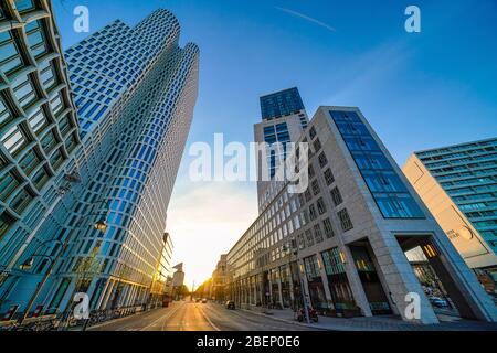Berlin, Deutschland. 11th Apr, 2020. 11.04.2020, Berlin, the Hotel Motel One Berlin-Upper West (left) and the Waldorf Astoria Hotel (right) with the Kantstrasse in Berlin. | usage worldwide Credit: dpa/Alamy Live News Stock Photo