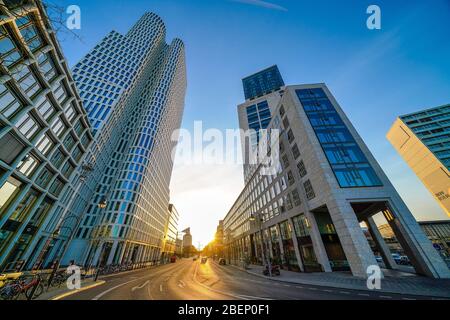 Berlin, Deutschland. 11th Apr, 2020. 11.04.2020, Berlin, the Hotel Motel One Berlin-Upper West (left) and the Waldorf Astoria Hotel (right) with the Kantstrasse in Berlin. | usage worldwide Credit: dpa/Alamy Live News Stock Photo