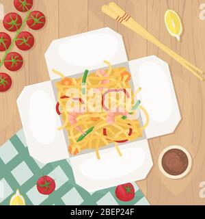 Delivery of Chinese food in boxes to your home. Asian food in boxes. Fried noodles with shrimp and vegetables. Flat lay illustration. Stock Vector
