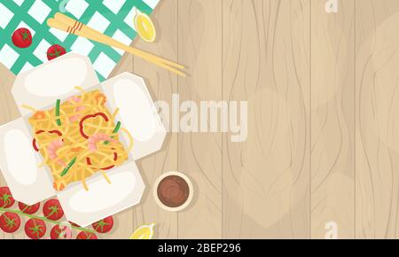 Delivery of Chinese food in boxes to your home. Asian food in boxes. Fried noodles with shrimp and vegetables. Flat lay illustration. Stock Vector