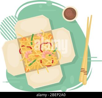Delivery of Chinese food in boxes to your home. Asian food in boxes. Fried noodles with shrimp and vegetables. Flat lay illustration. Stock Vector