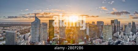 Dec 13, 2019 - Paris, France: Aerial pano drone shot of La Defense skyscraper complex view from Courbevoie Stock Photo