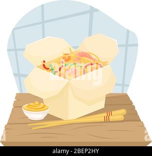 Delivery of Chinese food in boxes to your home. Asian food in boxes. Fried noodles with shrimp and vegetables. Flat lay illustration. Stock Vector