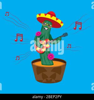 Cartoon character cactus in hat with guitar pot notes on blue isolated background. Vector image Stock Vector