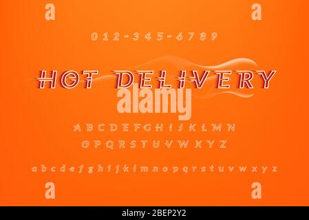 Hot delivery food service theme alphabet font set with uppercase lowercase and numbers on colorful orange background Stock Vector