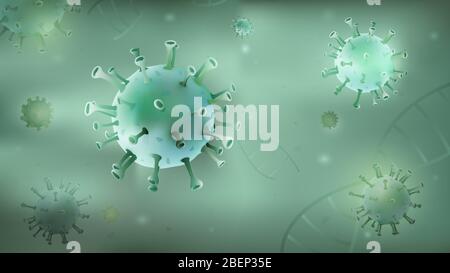 Microscopic virus particles and DNA on light green background with copy space Stock Vector