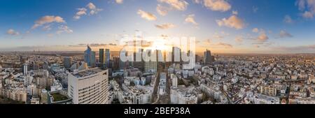 Dec 13, 2019 - Paris, France: Aerial pano drone shot of La Defense skyscraper complex view from Courbevoie Stock Photo