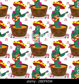 seamless pattern with cactus cartoon character with a guitar pot hat glasses on a white background. Vector image Stock Vector
