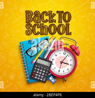 Back to school vector banner design. Back to school text and school items and elements in yellow education related pattern background. Stock Vector