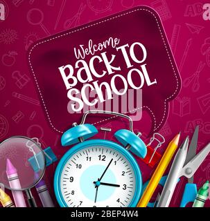 Back to school vector education concept. Back to school text speech bubble with educational school items and elements in red pattern background Stock Vector
