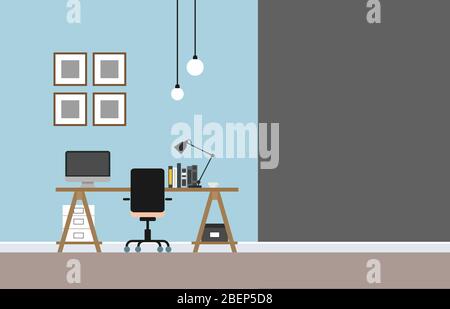work at home,Empty Workplace, Desk Chair Computer Work space Office and home in blue room No People and Space for text.vector illustration. Stock Vector