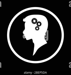 Hand Drawn White Male Head Silhouette With Black Cogs In a Circular Border Over Black Background Stock Vector