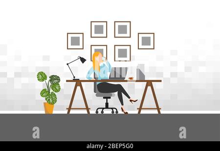 Woman working with phone workplace scene with laptop at her desk at home.vector illustration Stock Vector