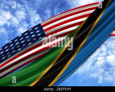 flag of America with Tanzania flag on sky background Stock Photo