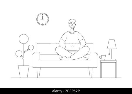 A man working at home on some project, He is sitting on sofa at home in living room and using computer notebook for remote working. Stock Vector