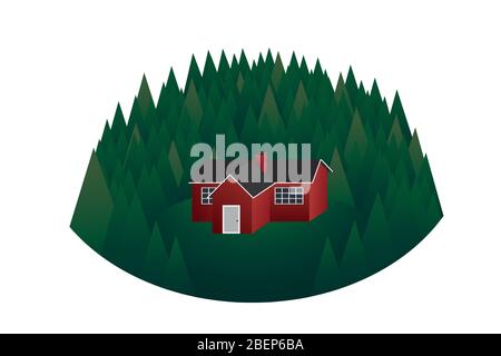Red cabin in green woods, modern hand drawn vector in flat style. Travel and wanderlust, exploring Norway. Wooden cottage among trees isolated on whit Stock Vector