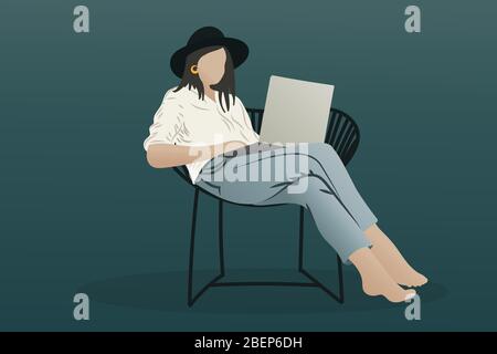 Stylish hipster girl using laptop and sitting on chair. Modern hand drawn vector in flat style. Remote work. Online training. Chatting with friends or Stock Vector
