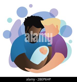 Lgbt male family hugging their little baby. Adoption in gay family concept.Two fathers and baby on blue and white background. Homosexual couple adopti Stock Vector