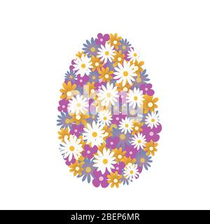 Easter Egg. Colorful floral Easter egg made of bright blooming spring flowers, isolated on white. Hand drawn vector, flat style. Happy Easter Greeting Stock Vector