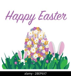 Happy Easter greetings. Happy Easter text with colorful Easter egg made of spring flowers and bunny ears in green grass, isolated on white. Vector in