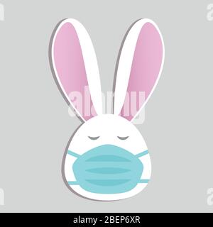 Cute white bunny in face mask on grey background. Stay home stay safe. Air pollution concept. Spring allergy. Vector in flat style. Easter rabbit in m Stock Vector
