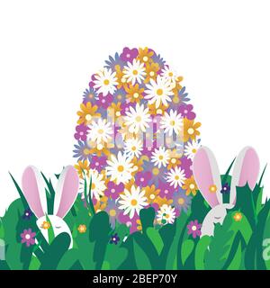 Colorful Easter egg made of spring flowers and bunny ears in green grass, isolated on white. Vector in flat style. Happy Easter greetings. Easter hunt Stock Vector