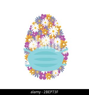 Easter Egg with medical mask. Colorful floral Easter egg with blooming flowers in face mask, isolated on white. Spring allergy. Vector in flat style. Stock Vector