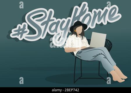 Stay home hashtag text. Hipster girl using laptop and stay home lettering. Modern Hand drawn vector in flat style. Isolation at home. Stay home save l Stock Vector