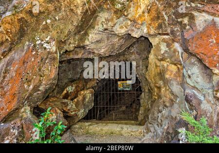 Adit entrance to underground gold mine tunnel in Karangahake Gorge, Waikato Region, North Island, New Zealand