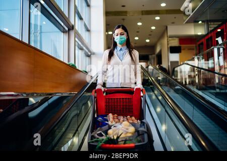 Woman wearing mask groceries shopping in supermarket,pushing trolley.Food panic buying and hoarding.Covid-19 quarantine shopper with shopping cart.Sus