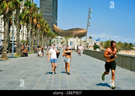 BARCELONA, SPAIN - AUGUST 19: People in the seafront on August 19, 2014 in Barcelona, Spain. The sculpture of a fish in the background designed by Fra Stock Photo