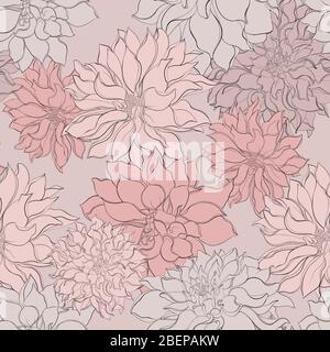 Vintage Floral seamless background with blooming dahlias. Vector floral illustration on black background Stock Vector