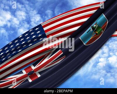 flag of America with Montserrat flag on sky background Stock Photo