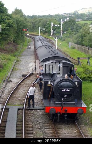 Ramsbottom, Lancashire, UK / August 24 2008: Steam locomotive, drivers and signalman Stock Photo