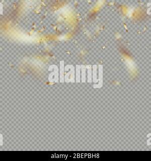 Golden shiny confetti flying on transparent background. Christmas, party banner effect layer. Holiday decorative tinsel element. EPS 10 Stock Vector